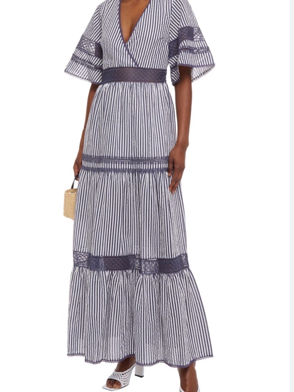 Jonathan Simkhai Navy Blue & White Striped Tiered Maxi Dress with Lace Panels